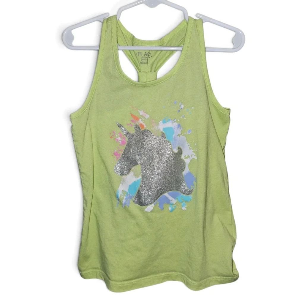 The Children's Place Tank Top Girls 7/8 Green Good Glitter Unicorn Racerback